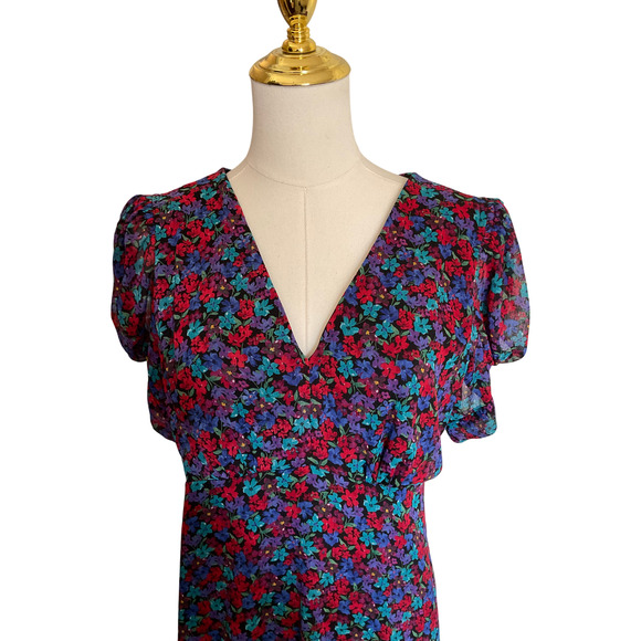Calvin Klein Women's 10 Red Blue Floral Dress Polyester Short Sleeve V-Neck - Picture 10 of 11
